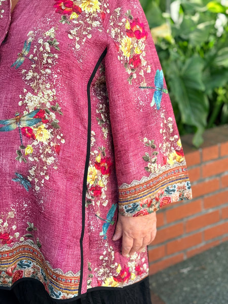 Citron Mandarin Tuck Shirt-Dragonflies and Waterlillies