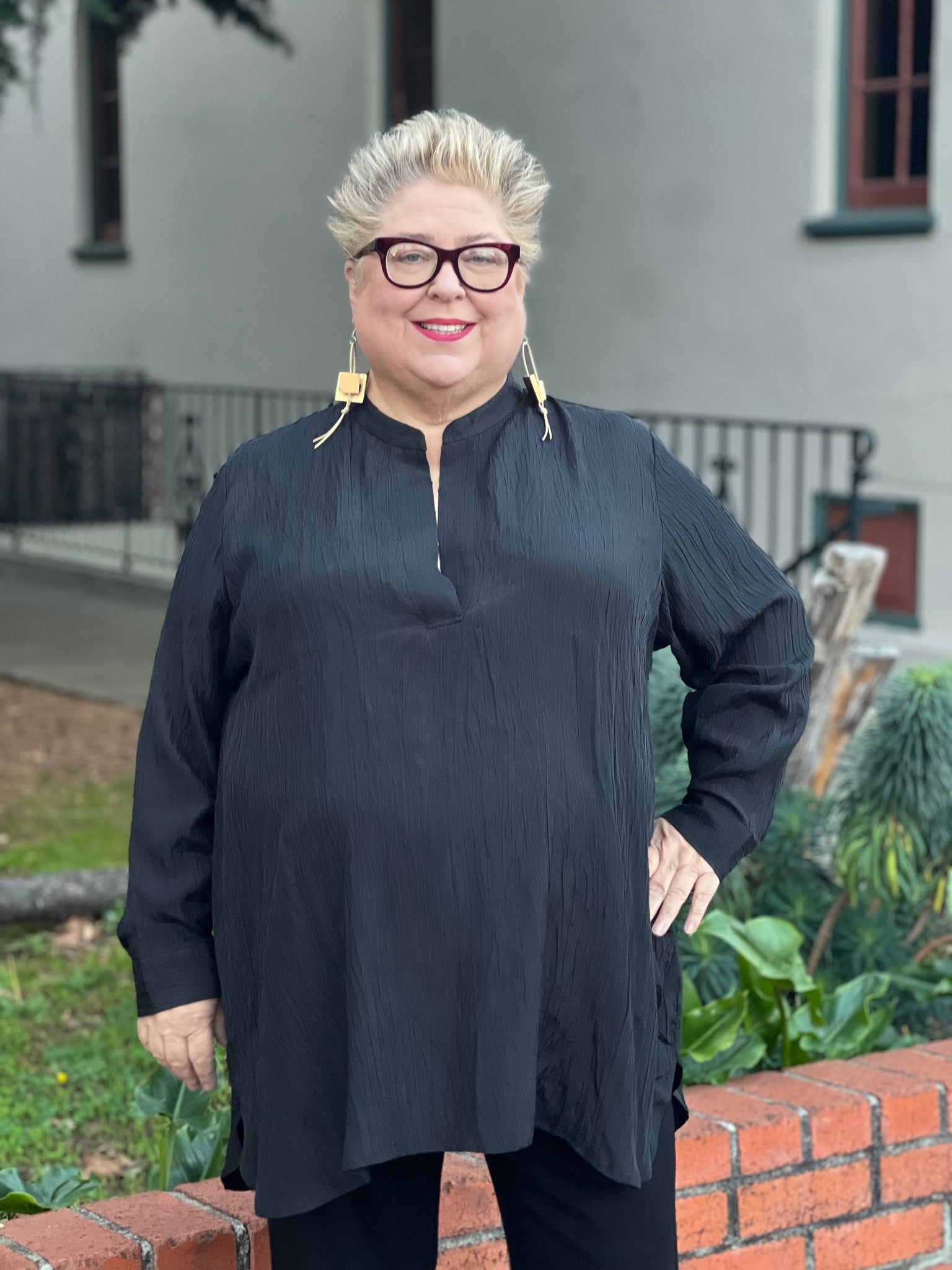 Eileen Fisher Crinkle Silk Mandarin Collar Tunic - Black