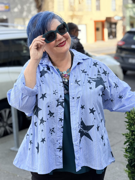 Paper Temples Naomi Button Down-Blue Stripe Stars