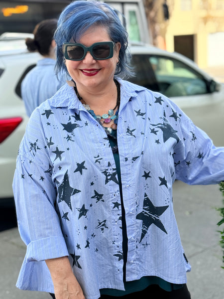 Paper Temples Naomi Button Down-Blue Stripe Stars
