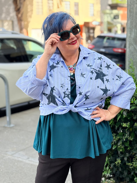 Paper Temples Naomi Button Down-Blue Stripe Stars