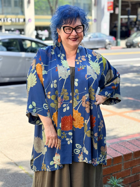 Citron Open Front Kimono-Garden in Blue