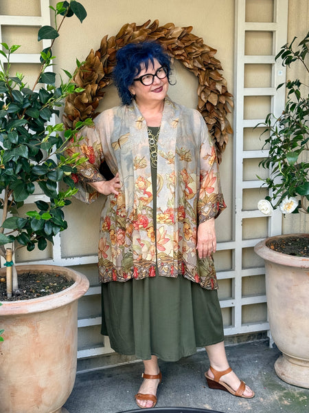 Citron Open Front Georgette Kimono-Vintage Art Noveau