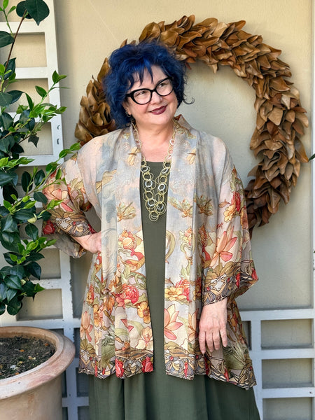 Citron Open Front Georgette Kimono-Vintage Art Noveau