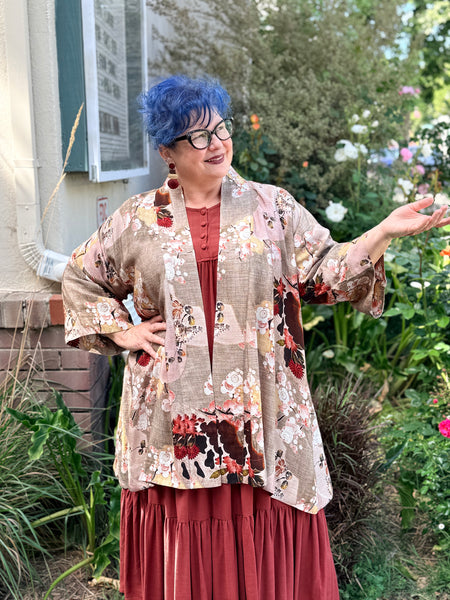 Citron Open Front Kimono-Fans Cherry Blossom