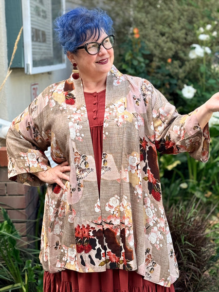 Citron Open Front Kimono-Fans Cherry Blossom