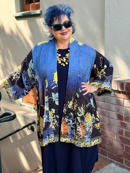 Citron Open Front Kimono-Mums Border