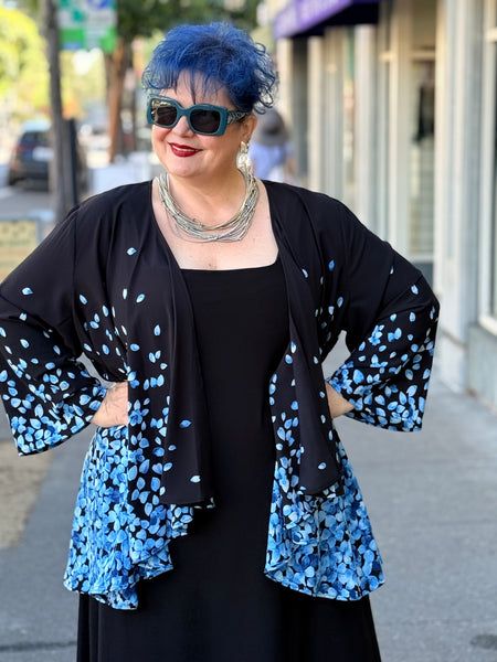 Klaveli 3/4 Sleeve Jacket- Black/Blue Flowers