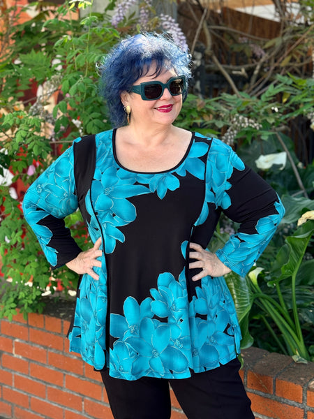 Klaveli 3/4 Sleeve Piping Tunic- Teal Flower