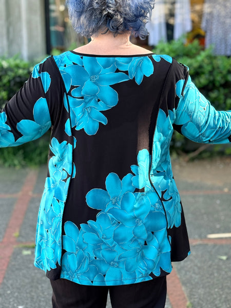 Klaveli 3/4 Sleeve Piping Tunic- Teal Flower