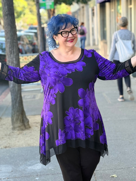 Klaveli 3/4 Sleeve Mesh Trim Tunic-Black/Purple