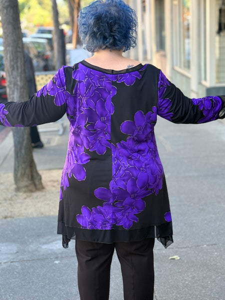 Klaveli 3/4 Sleeve Mesh Trim Tunic-Black/Purple