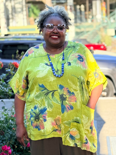Transparente Linen Flower Top- Kiwi