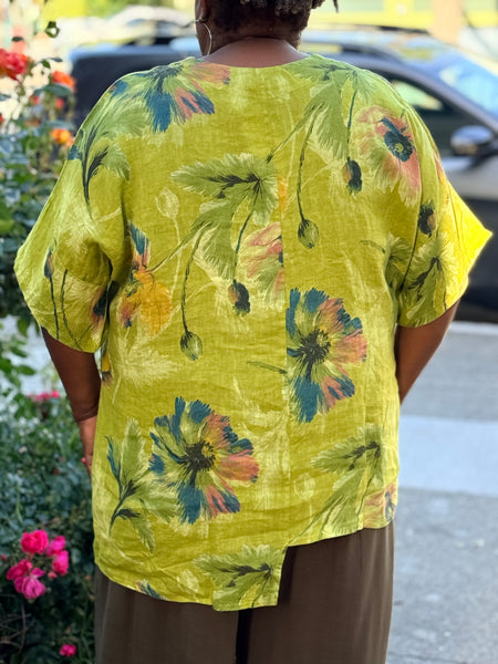 Transparente Linen Flower Top- Kiwi