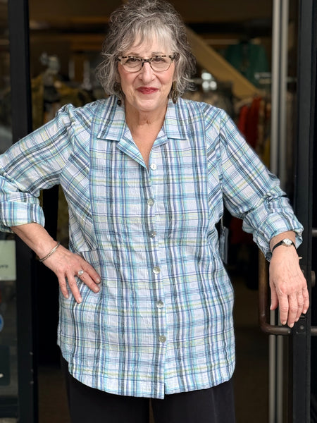 Habitat Blurred Plaid Boyfriend Shirt-Blue Sky