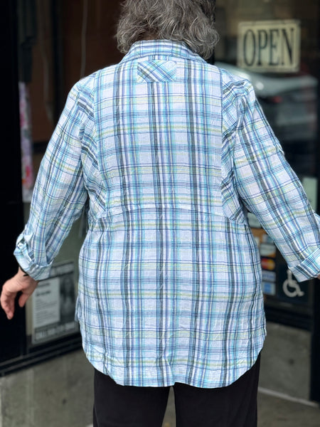 Habitat Blurred Plaid Boyfriend Shirt-Blue Sky