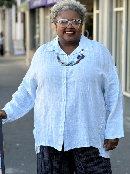 Amorosa Oversized Linen Button Down- Blue