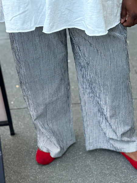 Eileen Fisher B/W Cotton Pucker Check Wide-Leg Pant