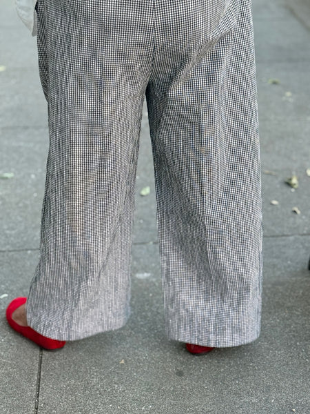 Eileen Fisher B/W Cotton Pucker Check Wide-Leg Pant