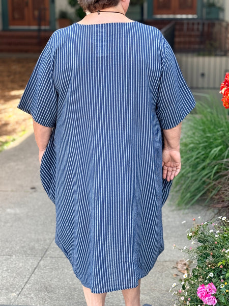 Pure Plus Cotton Gauze Dress with Pockets- Navy Stripe