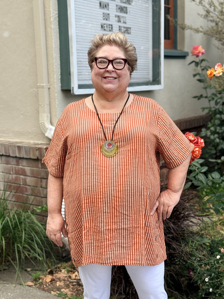 Pure Light Cotton One Size Stripe Button Tunic-Rust