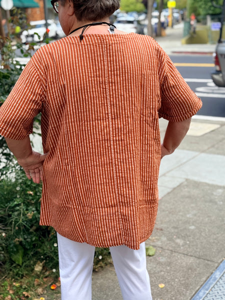 Pure Light Cotton One Size Stripe Button Tunic-Rust