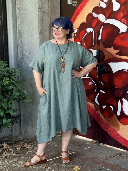 Yuvita Linen Lantern Dress-Green Melange