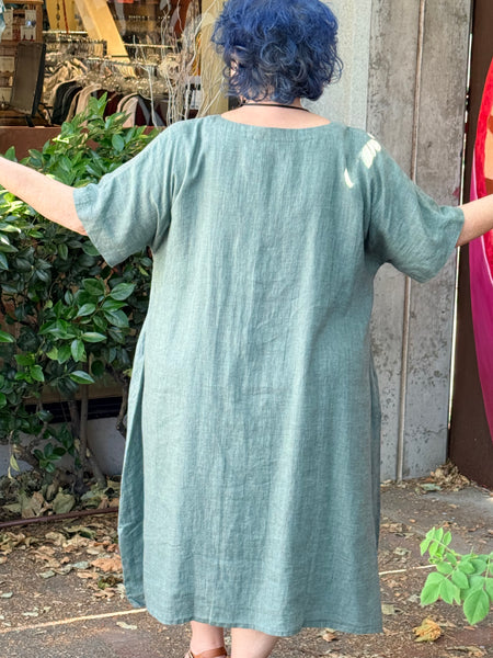 Yuvita Linen Lantern Dress-Green Melange