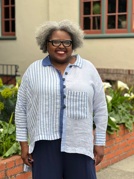 Mara Gibbucci Blue Stripe Linen Button Down