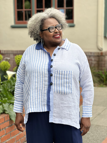 Mara Gibbucci Blue Stripe Linen Button Down