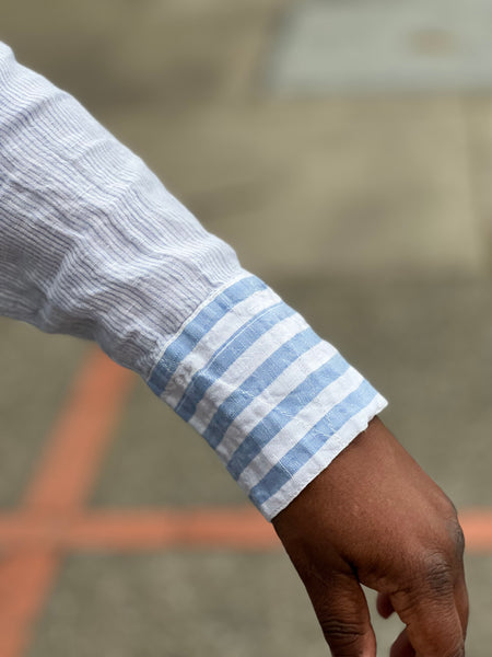 Mara Gibbucci Blue Stripe Linen Button Down