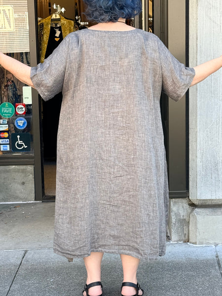 Yuvita Linen Lantern Dress- Grey Melange