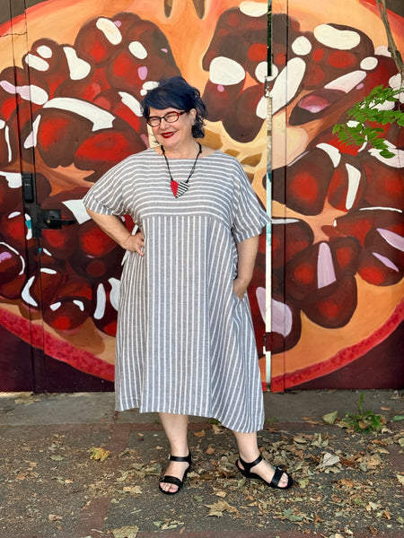 Yuvita Linen Lantern Dress- Grey Stripe