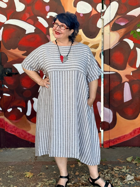 Yuvita Linen Lantern Dress- Grey Stripe