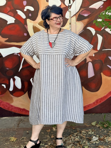 Yuvita Linen Lantern Dress- Grey Stripe