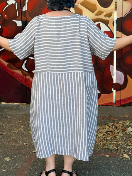Yuvita Linen Lantern Dress- Grey Stripe