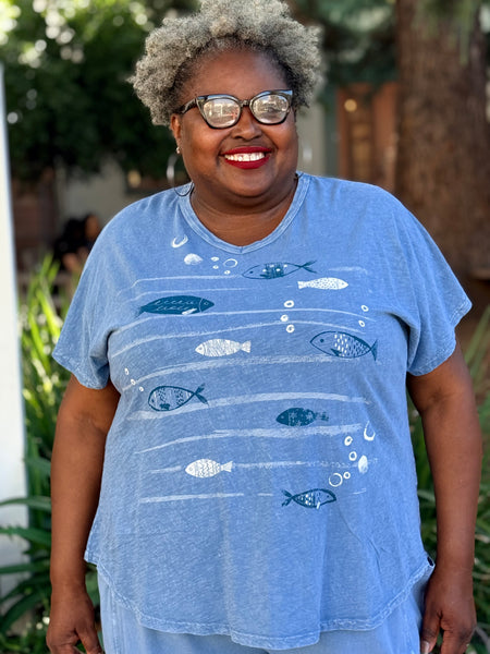 Jess and Jane Mineral Wash Short Sleeve V-Neck- Riviera Fin Friends
