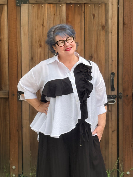 Nilmark White Asymmetrical Shirt-Black Ruffle