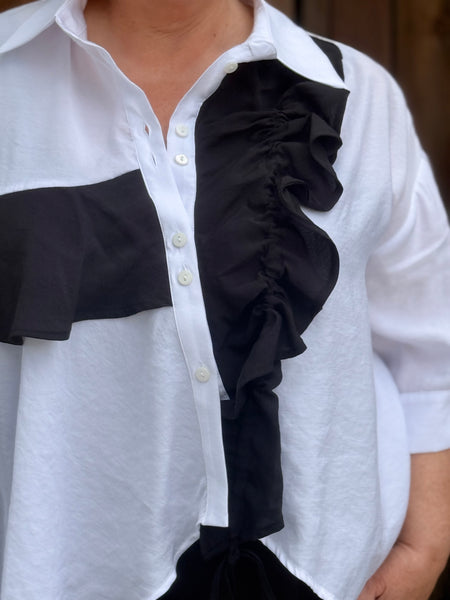 Nilmark White Asymmetrical Shirt-Black Ruffle