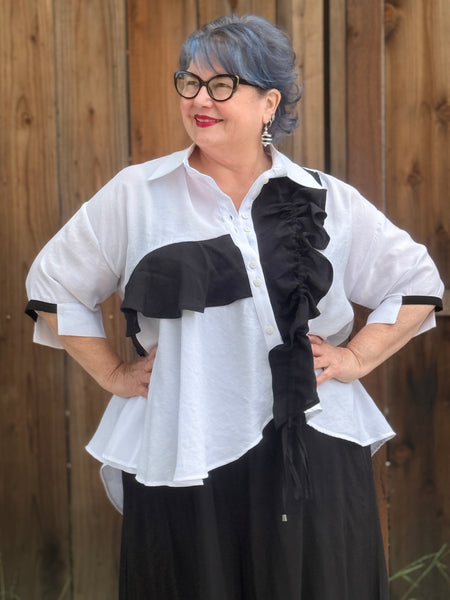 Nilmark White Asymmetrical Shirt-Black Ruffle