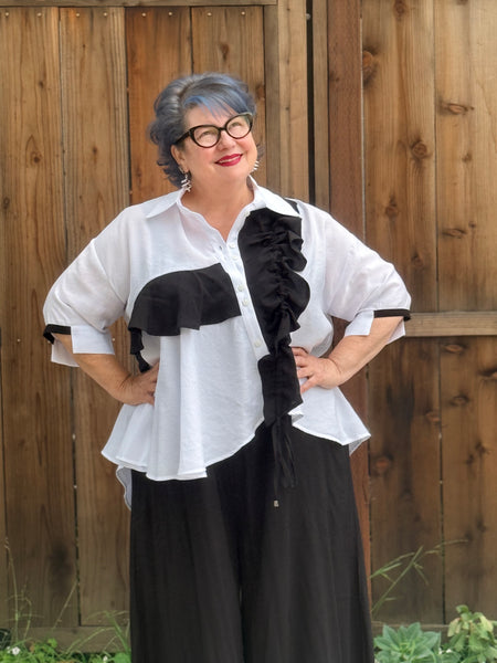 Nilmark White Asymmetrical Shirt-Black Ruffle