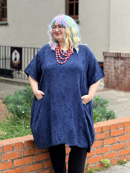 Pure Cotton Dandelion Dress with Pockets- Navy