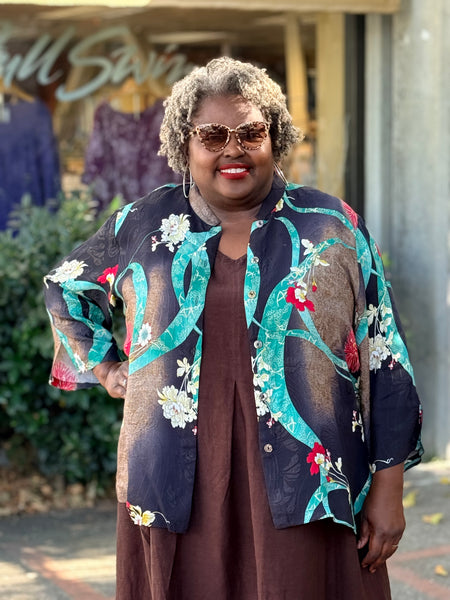 Citron 3/4 Mandarin Blouse- Flower and Swirls