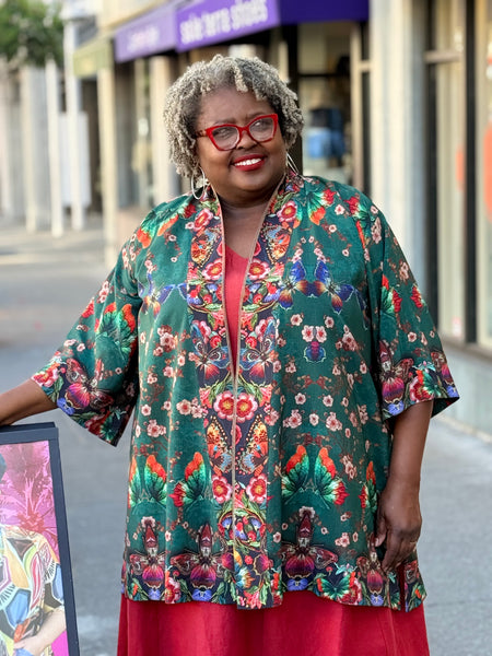 Citron Open Front Kimono- Embroidery Butterflies Blossoms in Green