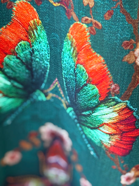 Citron Open Front Kimono- Embroidery Butterflies Blossoms in Green