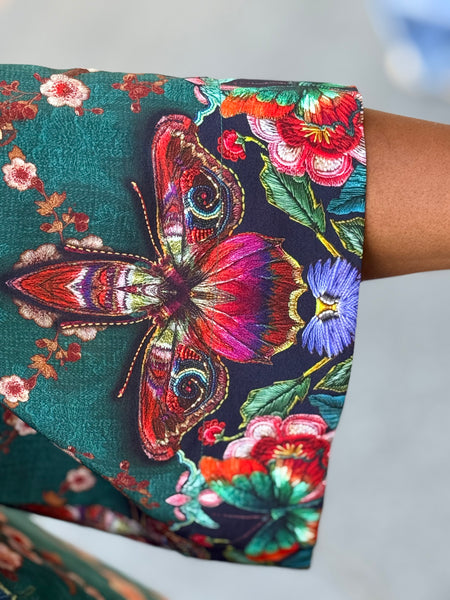 Citron Open Front Kimono- Embroidery Butterflies Blossoms in Green
