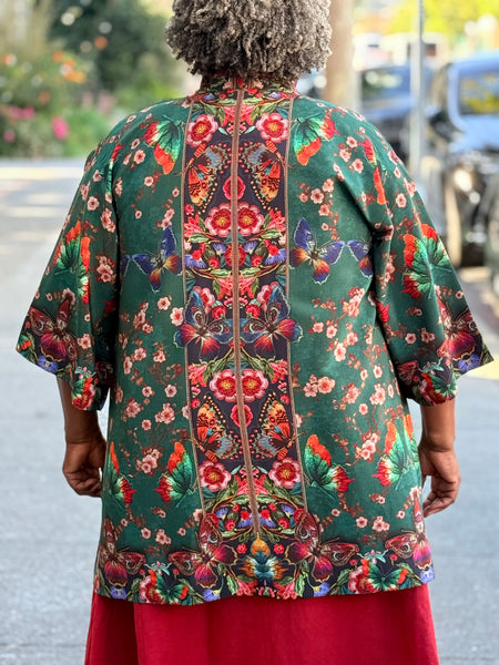 Citron Open Front Kimono- Embroidery Butterflies Blossoms in Green