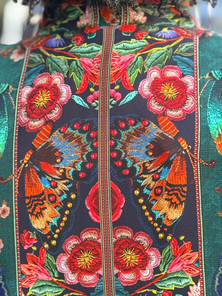 Citron Open Front Kimono- Embroidery Butterflies Blossoms in Green