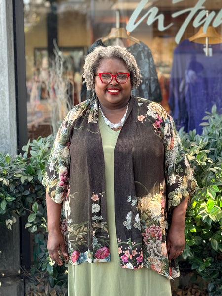 Citron Open Front Georgette Kimono-Vintage Flowers in Black
