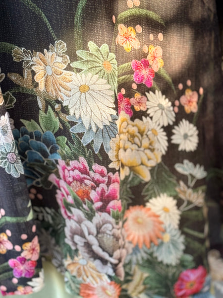 Citron Open Front Georgette Kimono-Vintage Flowers in Black